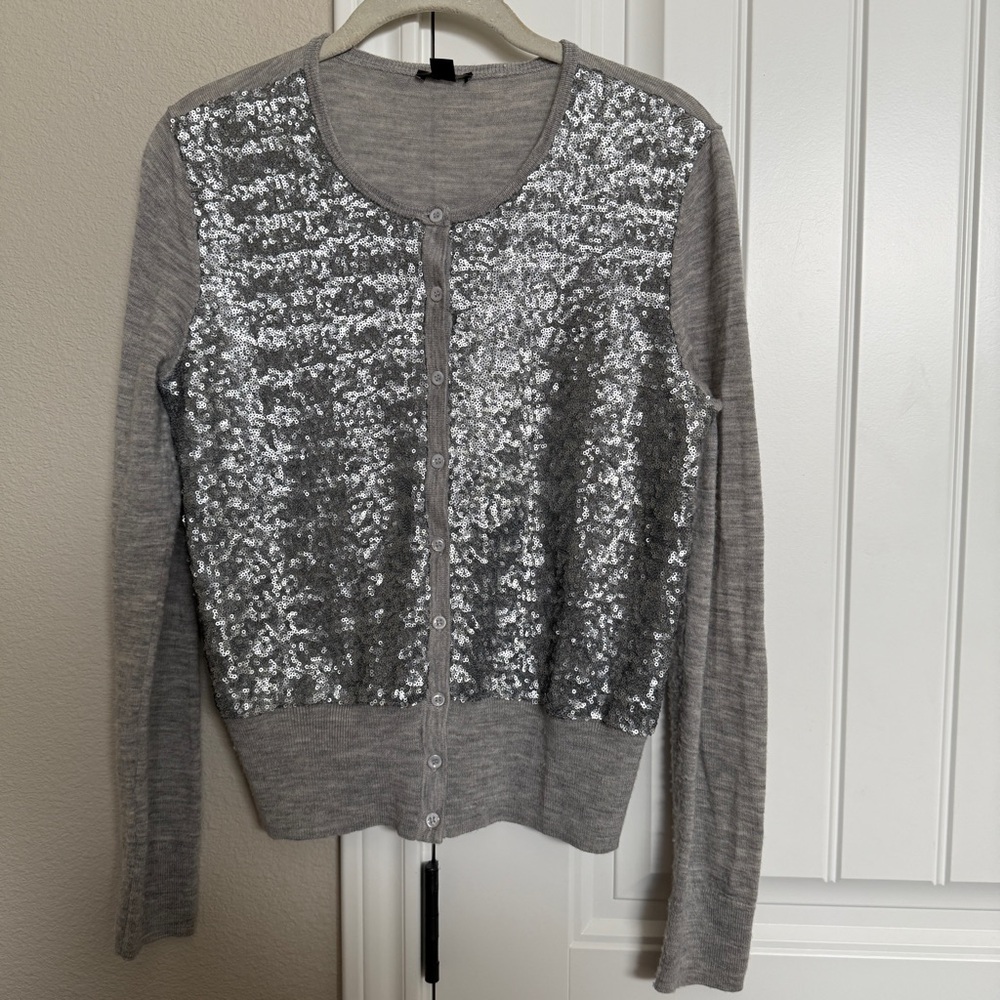 Ann Taylor Gray Silver Sequin Cardigan Size Medium 100% Merino Wool